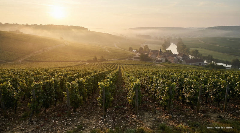 Vignoble champenois baigné de lumière à l'aube