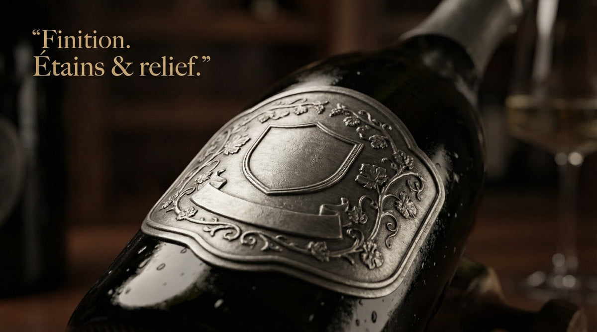 Étiquette en étain en relief sur une bouteille de champagne Imagen